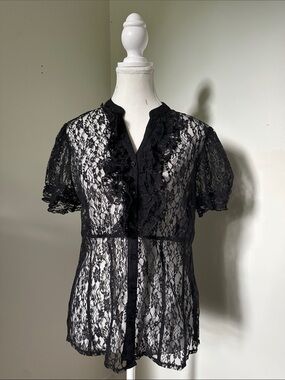 JESSICA Black Lace Y2K Whimsigoth Vamp Ruffle Victorian Button Up Blouse Sz 14